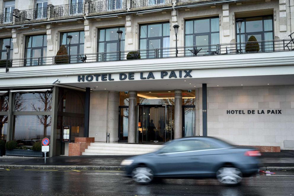 PHOTO: A car drives past the hotel hosting the World Anti-Doping Agency (WADA) executive committee meeting on Dec. 9, 2019 in Lausanne. (Photo by FABRICE COFFRINI/AFP via Getty Images)