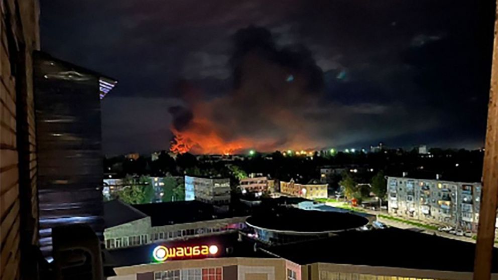 PHOTO: This image made from a social media and and provided by Ostorozhno Novosti shows smoke billowing over the city and a large blaze in Pskov, Russia, on Aug. 29, 2023.