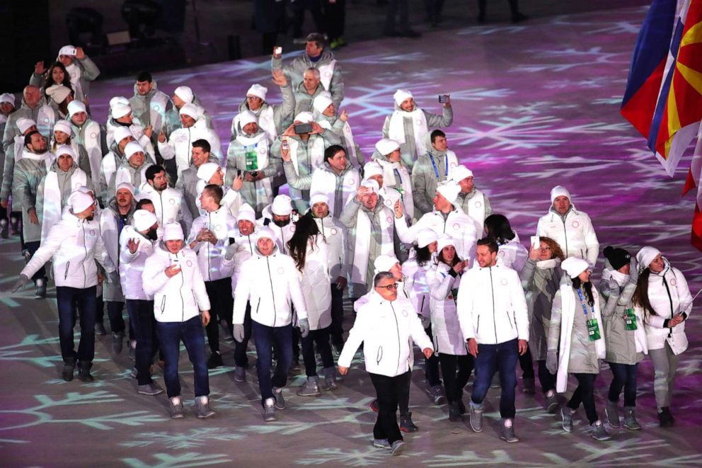 PHOTO: Athletes from Russia (OAR) at the The Olympics Closing Ceremony in Pyeongchang, South Korea, Feb. 25, 2018. 
