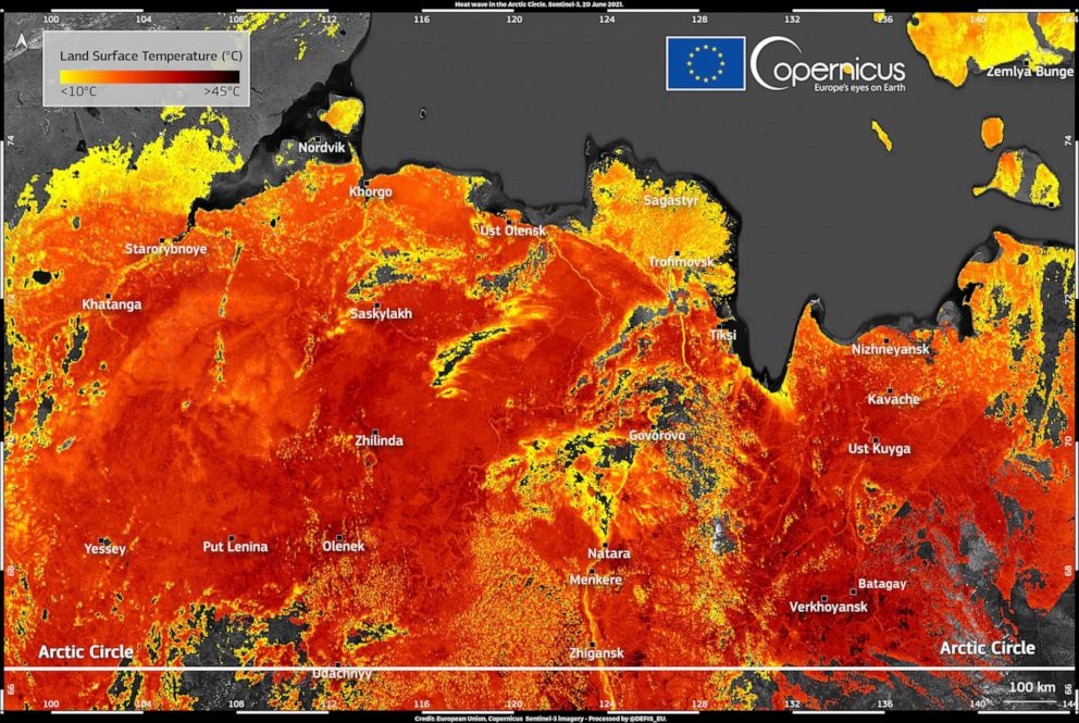 PHOTO: This image, acquired by the Copernicus Sentinel-3A and Sentinel-3B satellites on June 20, 2021, shows the Land Surface Temperature in the Sakha Republic in Arctic Siberia.