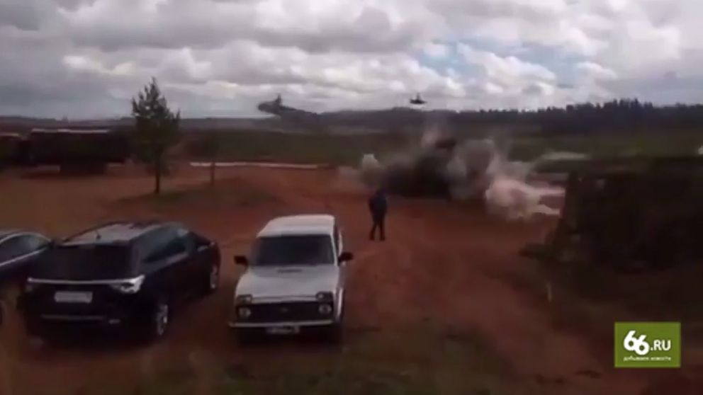 PHOTO: A screen grab taken from video posted to the internet by Russian website 66.ru seems to show a Russian attack helicopter firing on a group of bystanders in an incident that authorities confirmed happened during live fire military exercises.
