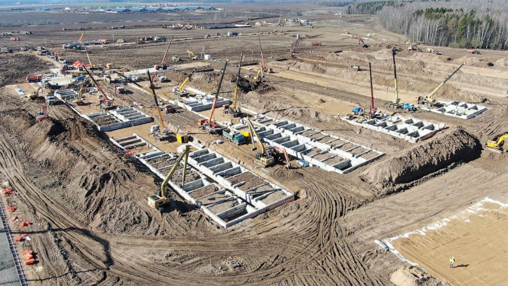 PHOTO: An aerial view shows a construction site for a new infectious disease hospital, as an additional measure against the spread of the new coronavirus, on the outskirts of Moscow, March 18, 2020.