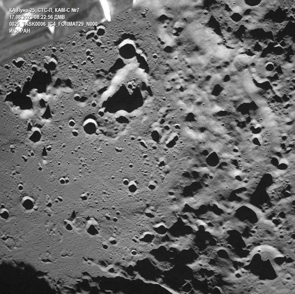 FILE PHOTO: A picture taken from the camera of the lunar landing spacecraft Luna-25 shows the Zeeman crater located on the far side of the moon, August 17, 2023.