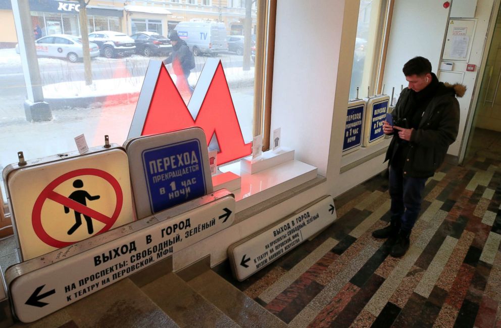 PHOTO: Retro signboards are on display after the Moscow metro launched sales of decommissioned passenger signs at a gift shop in Moscow, Dec. 25, 2018.