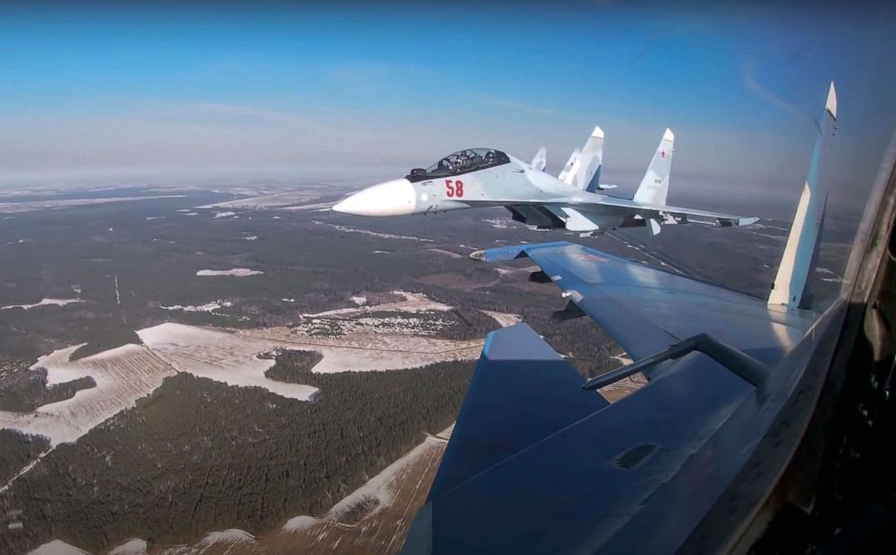 PHOTO: In this photo taken from video provided by the Russian Defense Ministry Press Service on Feb. 17, 2022, Su-30 fighters of the Russian and Belarusian air forces fly in a joint mission during Russia-Belarus military drills in Belarus.
