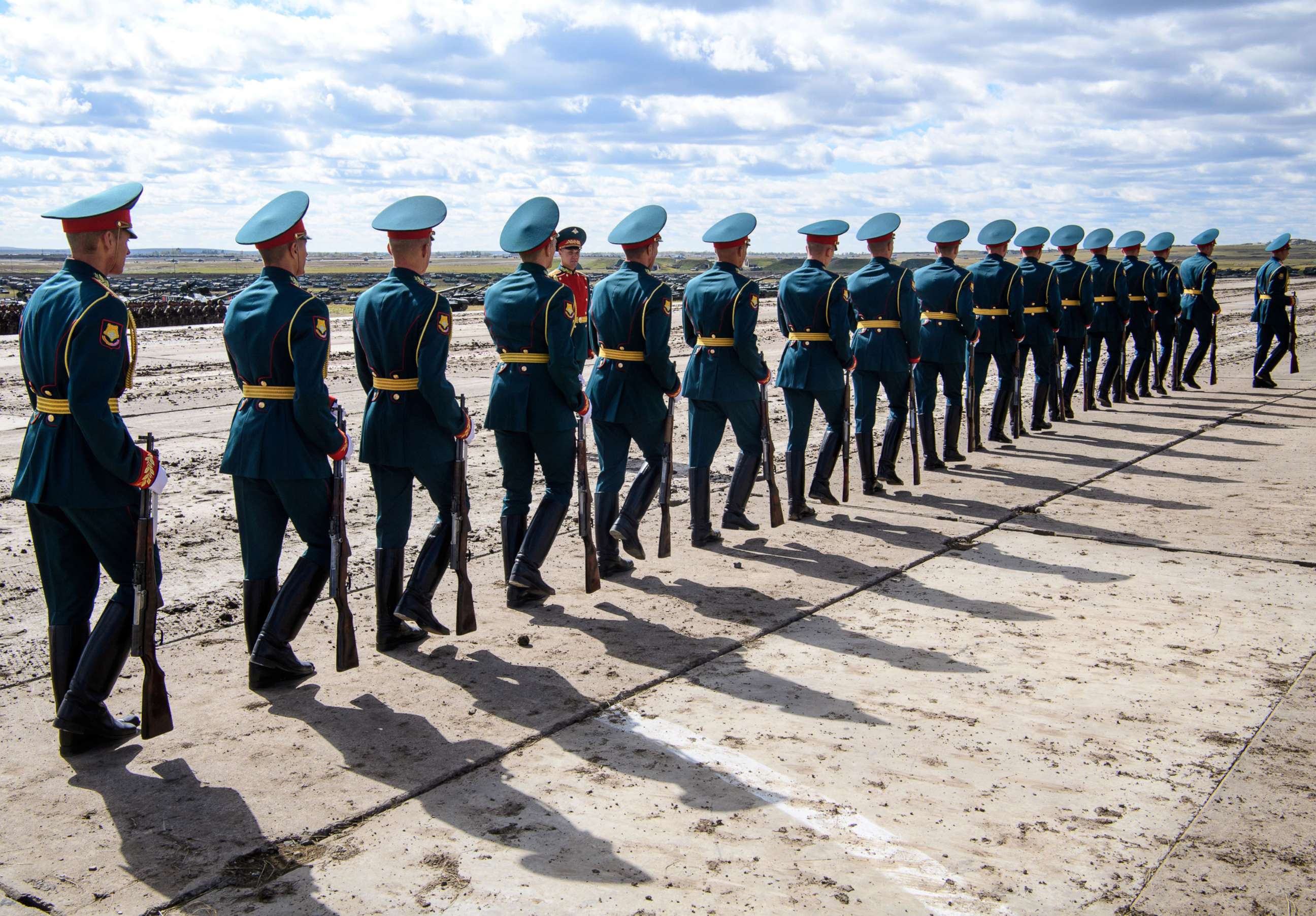 PHOTO: Russian honor guards are seen during the Vostok-2018 military drills at Tsugol training ground not far from the borders with China and Mongolia in Siberia, Sept. 13, 2018.