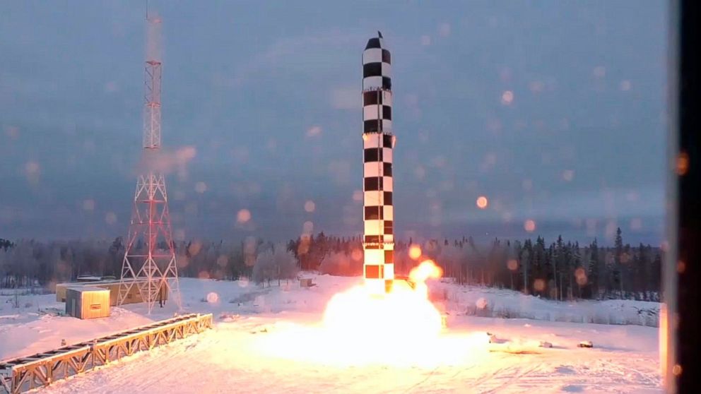 PHOTO: Russian Sarmat strategic missile demonstrated during Russian President Vladimir Putin's address to the Federal Assembly at the Manezh Central Exhibition Hall in Moscow, Russia, March 1, 2018.