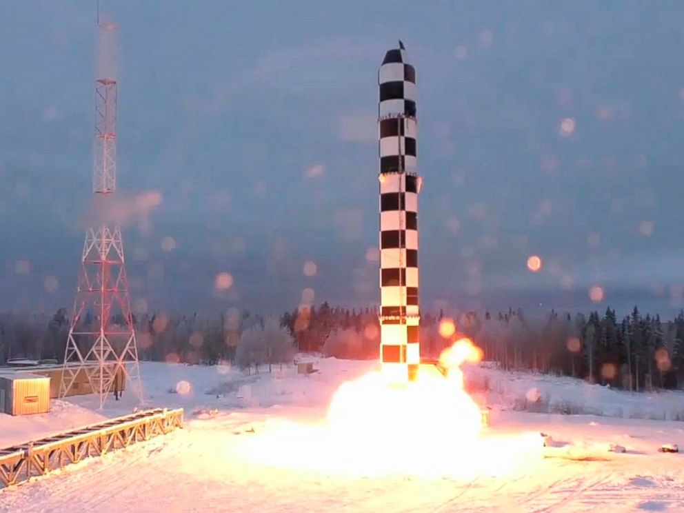 PHOTO: Russian Sarmat strategic missile demonstrated during Russian President Vladimir Putins address to the Federal Assembly at the Manezh Central Exhibition Hall in Moscow, Russia, March 1, 2018.