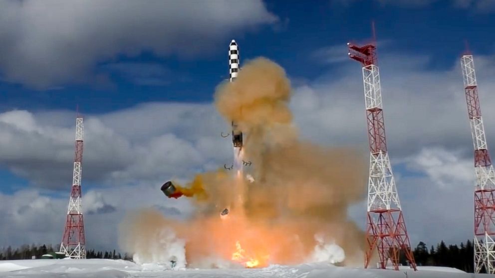 PHOTO: In this image from video provided by the Russian Defense Ministry Press Service, the Sarmat intercontinental ballistic missile blasts off during a test launch Friday from the Plesetsk launch pad in northwestern Russia, March 30, 2018.