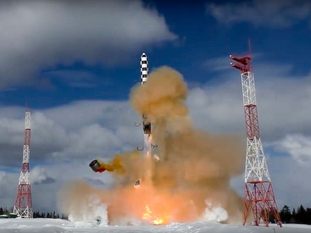 PHOTO: In this image from video provided by the Russian Defense Ministry Press Service, the Sarmat intercontinental ballistic missile blasts off during a test launch Friday from the Plesetsk launch pad in northwestern Russia, March 30, 2018.