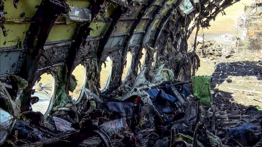 PHOTO: The remains of the destroyed fuselage of a Russian-made Superjet-100 at Sheremetyevo airport outside Moscow following a deadly fire and an emergency landing on May 5, 2019.