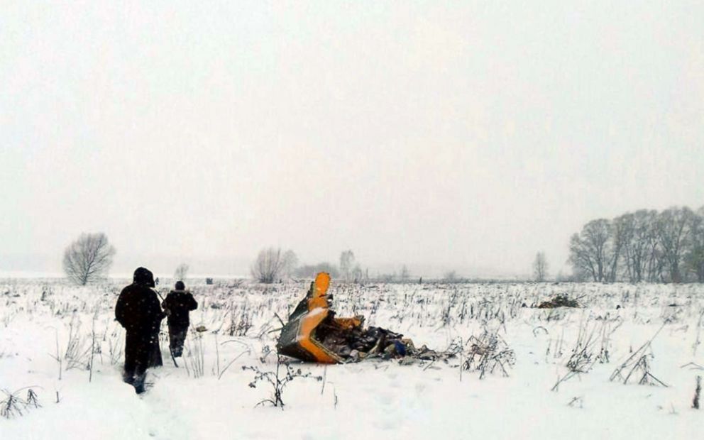 PHOTO: Debris of the crashed Russian Saratov Airlines Antonov AN-148 passenger plane lies in the snow near the Stepanovskoy village near Argunovo, Ramensky district, Moscow region, Russia, Feb. 11, 2018.
