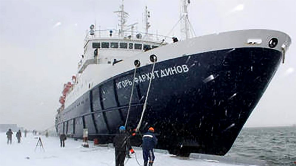A Russian ship, the Igor Farkhutdinov, seen here in a file photo, was trapped in ice off the coast of Japan, Feb. 8, 2018.