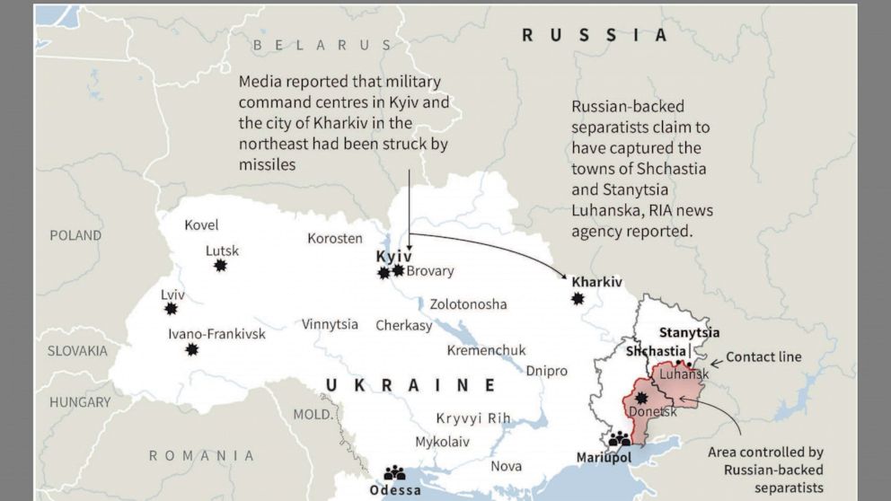 PHOTO: A map show areas of Ukraine attacked by Russia, on Feb. 24, 2022.