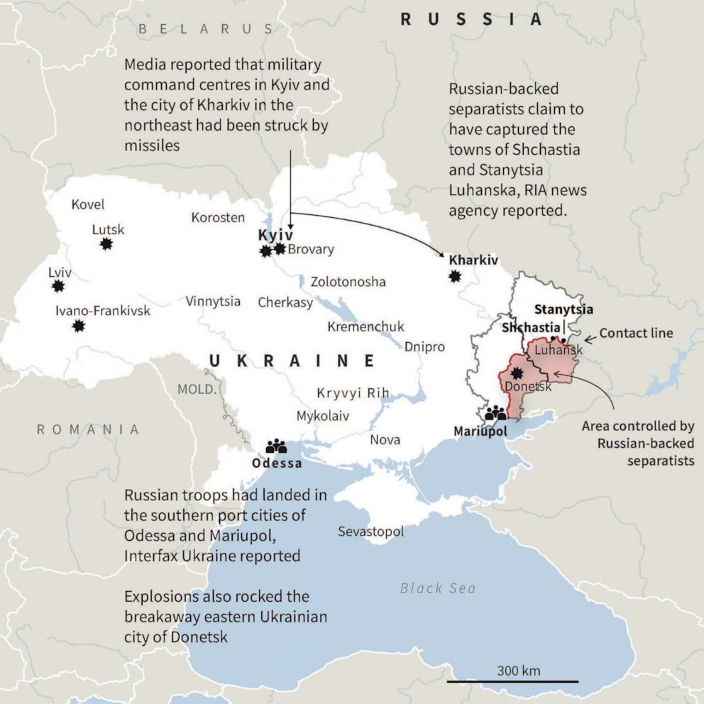 PHOTO: A map show areas of Ukraine attacked by Russia, on Feb. 24, 2022.