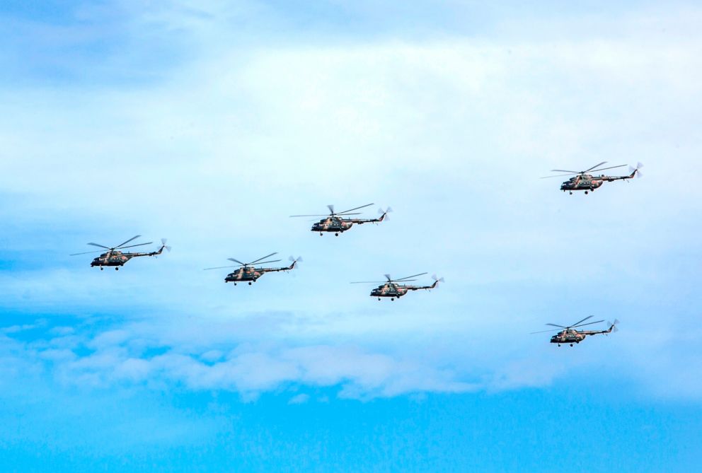 PHOTO: Russian military helicopters fly overhead in Chita, Eastern Siberia, during the Vostok 2018 exercises, Sept. 11, 2018.