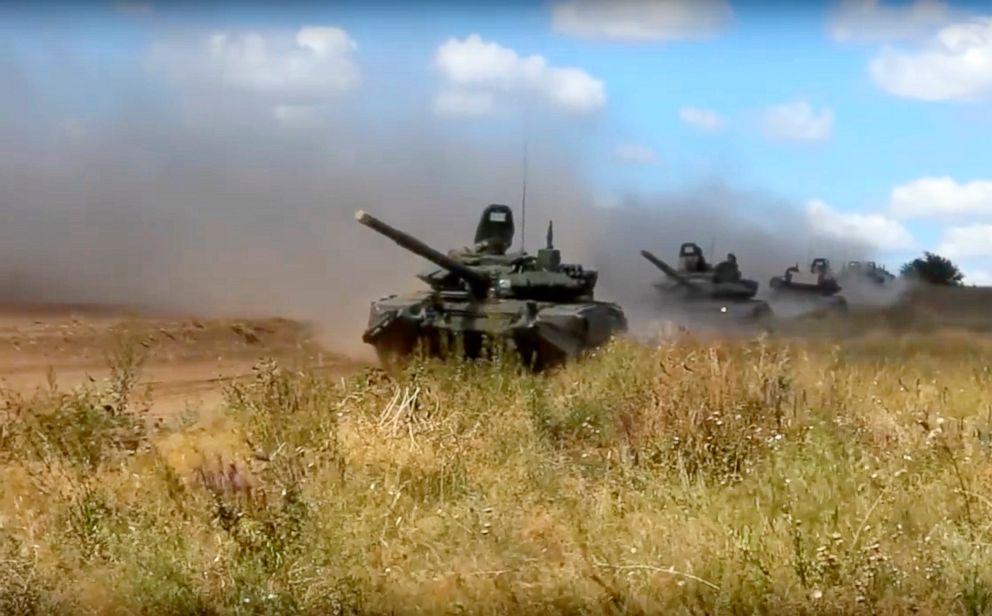 PHOTO: Tanks roll during the military exercises in Chita, Eastern Siberia, during the Vostok 2018 exercises, Sept. 11, 2018.