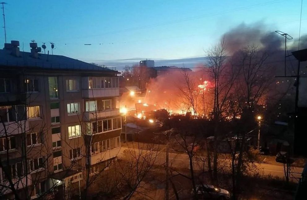 PHOTO: Massive explosion and fire follow the crashing of a Russian military Sukhoi Su-30 fighter aircraft into a residential area in southern Siberia of Novo-Lenino district of Irkutsk, Oct 23, 2022.
