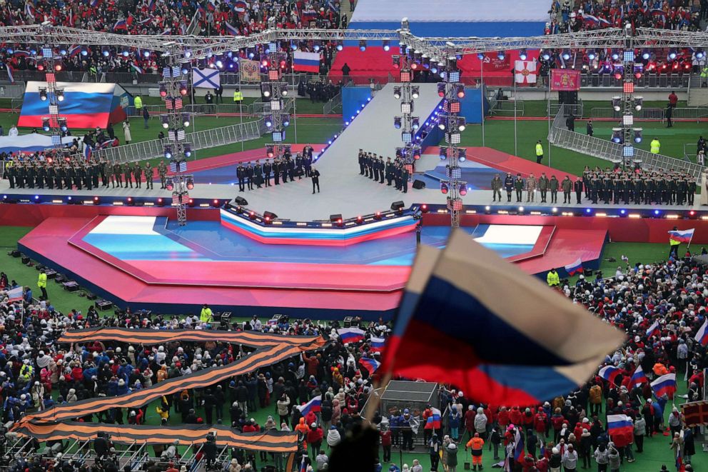PHOTO: Russian President Vladimir Putin addresses the crowd during the "Glory to the Defenders of the Fatherland" concert, a day before the Defender of the Fatherland Day, a holiday honoring Russia's armed forces in Moscow, Russia, Feb. 22, 2023.