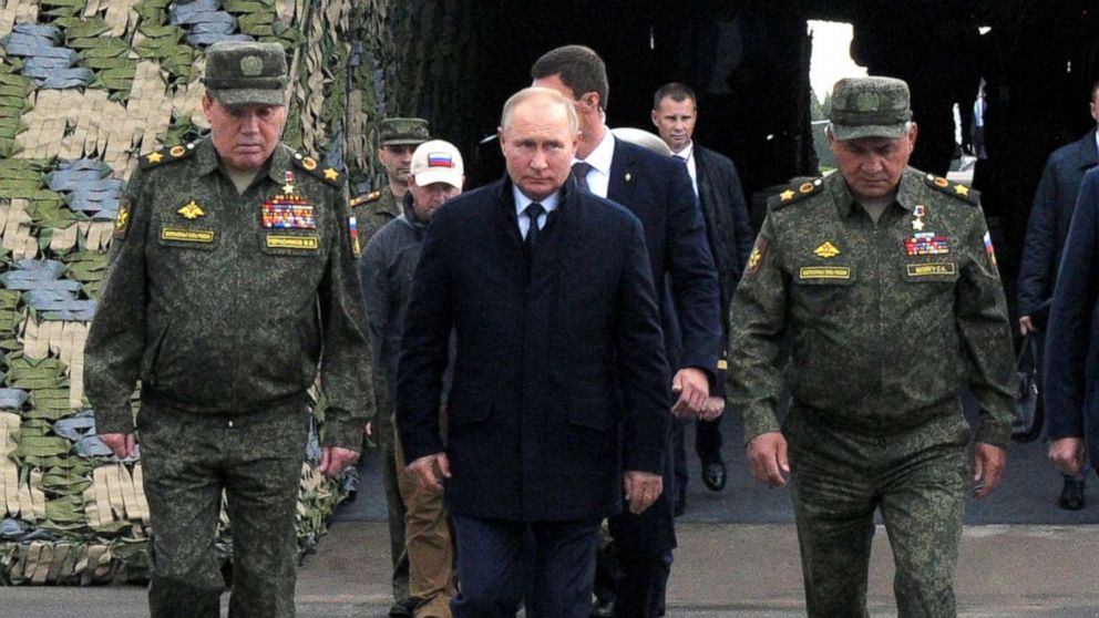 PHOTO: Russian President Vladimir Putin and military officials visit the Mulino training ground to observe the military exercises "Zapad-2021" staged by the armed forces of Russia and Belarus in Nizhny Novgorod Region, Russia, Sept. 13, 2021.