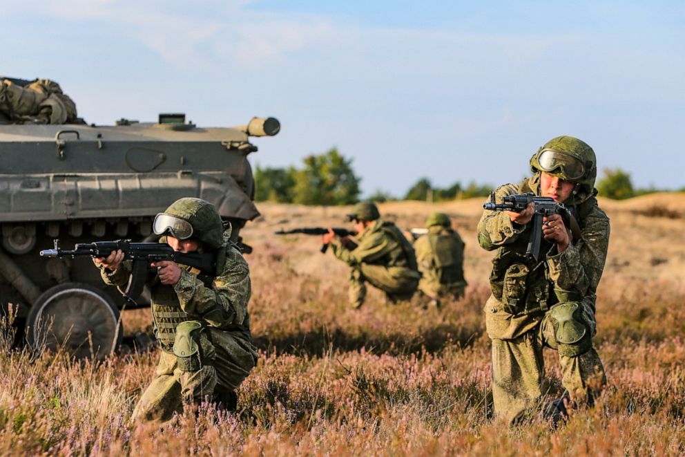 PHOTO: Russian motorized infantry members take part in the active phase of the military exercises "Zapad-2021" staged by the armed forces of Russia and Belarus at a training ground in Brest Region, Belarus, Sept. 11, 2021.