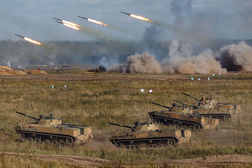 PHOTO: A general view shows the Mulino training ground during the active phase of the military exercises "Zapad-2021" staged by the armed forces of Russia and Belarus in Nizhny Novgorod Region, Russia, Sept. 11, 2021.