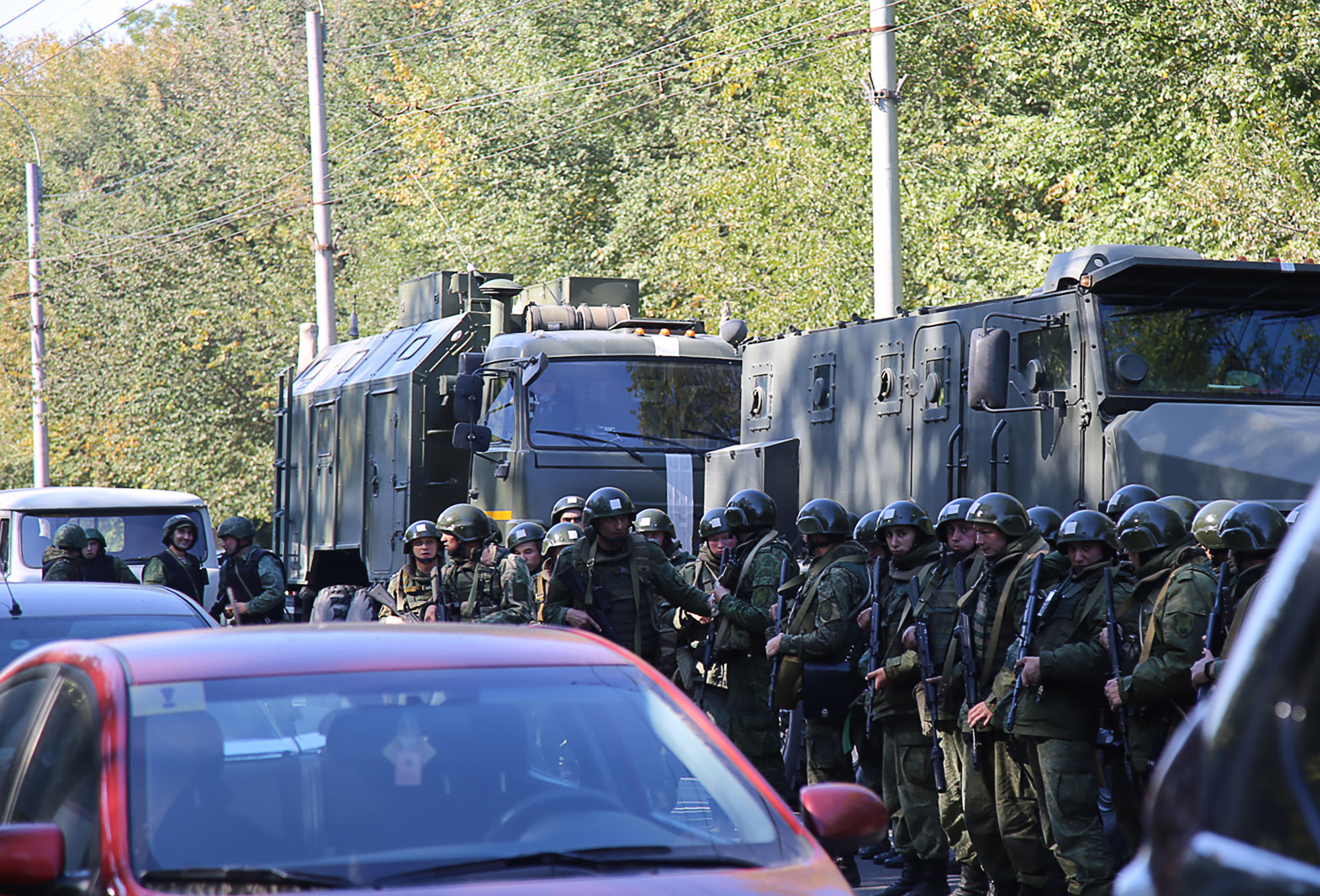 PHOTO: Law enforcement officers at the site of an explosion at a college in the Crimean city of Kerch, Oct. 17, 2018.