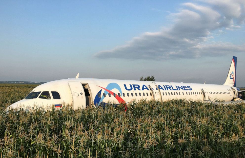 PHOTO: The Ural Airlines Airbus 321 passenger plane made an emergency landing in a field near Zhukovsky International Airport near Moscow on Aug. 15, 2019.