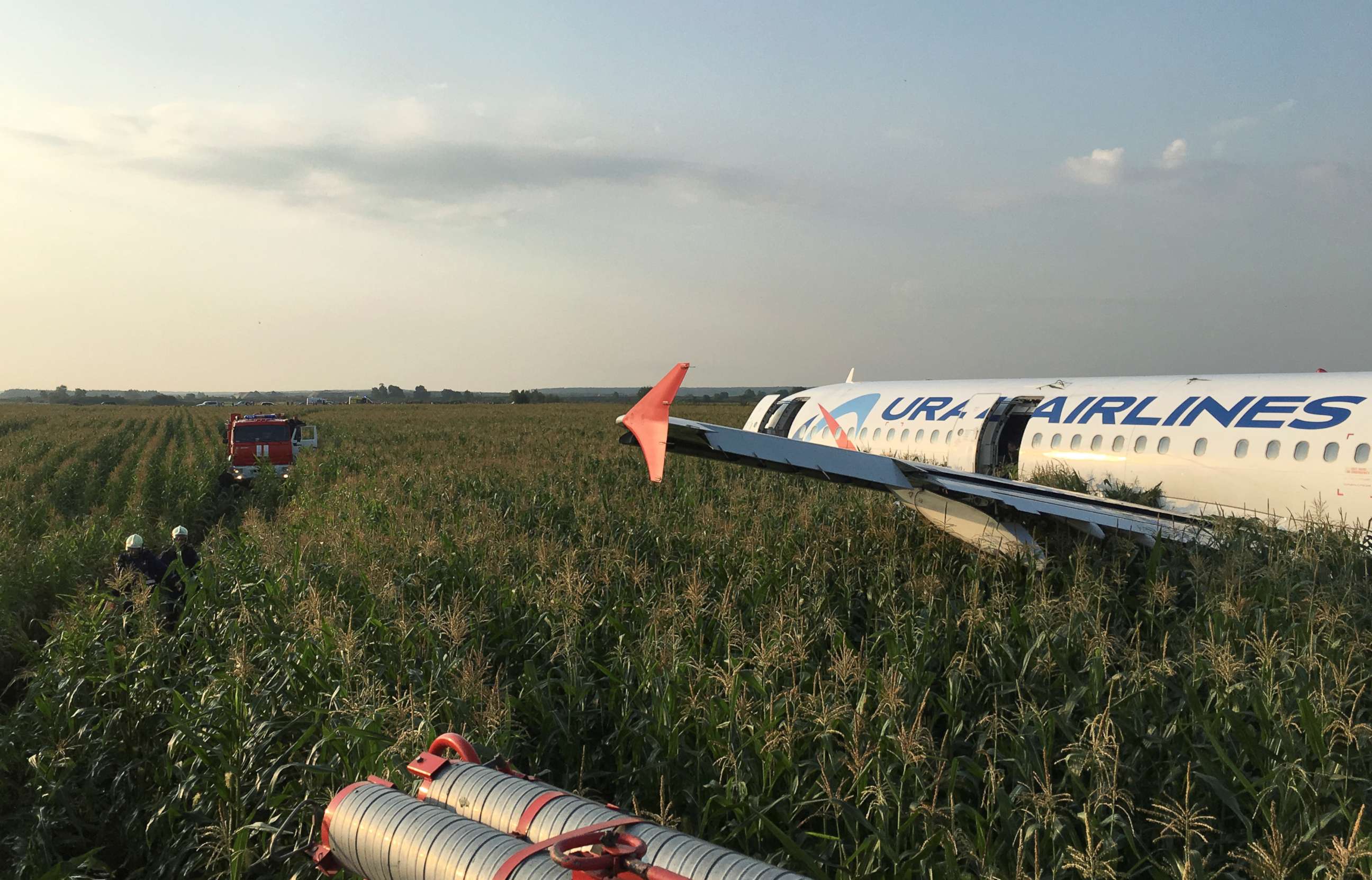 PHOTO: The Ural Airlines Airbus 321 passenger plane made an emergency landing in a field near Zhukovsky International Airport near Moscow on Aug. 15, 2019.