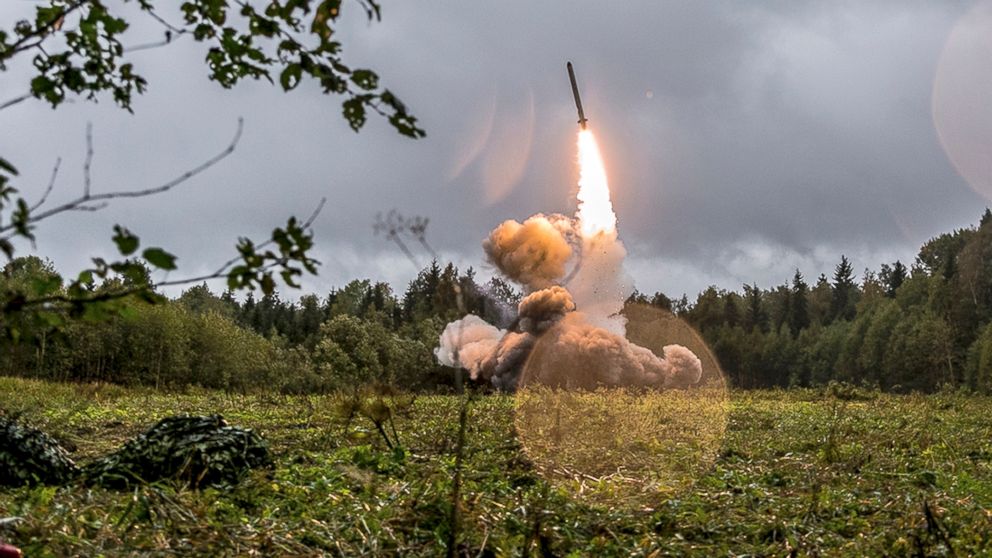 PHOTO: A Russian Iskander-K missile is launched during a military exercise at a training ground at the Luzhsky Range, near St. Petersburg, Russia, Sept. 18, 2017.