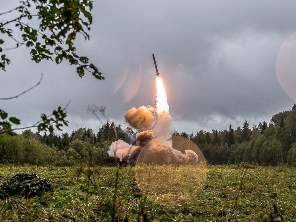 PHOTO: A Russian Iskander-K missile is launched during a military exercise at a training ground at the Luzhsky Range, near St. Petersburg, Russia, Sept. 18, 2017.