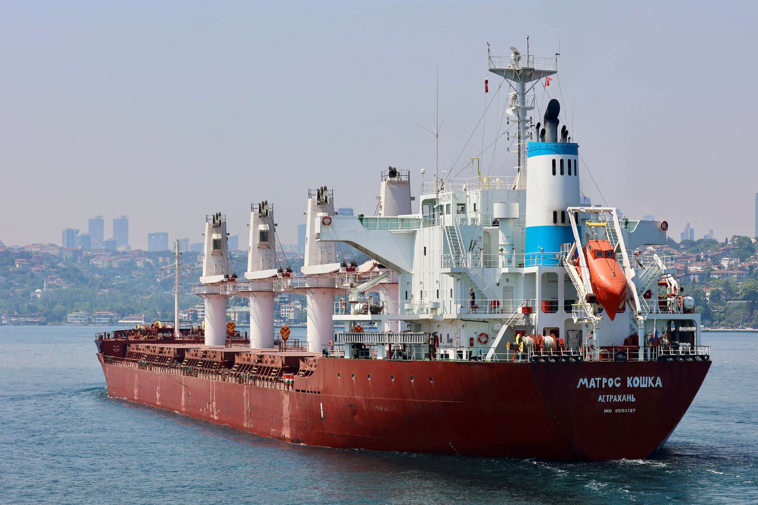 PHOTO: Russian-flagged bulk carrier Matros Koshka sails in the Bosphorus, on its way to the Mediterranean Sea, in Istanbul, Turkey, on May 27, 2022.