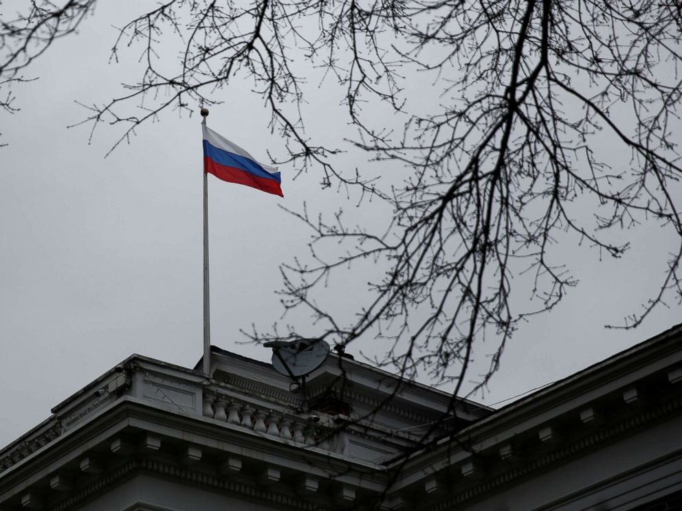 PHOTO: A Russian flag flies atop the Consulate General of the Russian Federation in Seattle, March 26, 2018.
