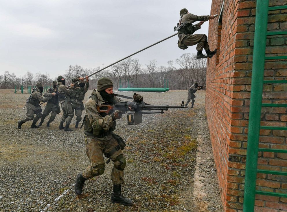 PHOTO: Russian servicemen take part in a military exercise at Gornostay Range, in Primorye Territory, Russia, Nov. 18, 2021.