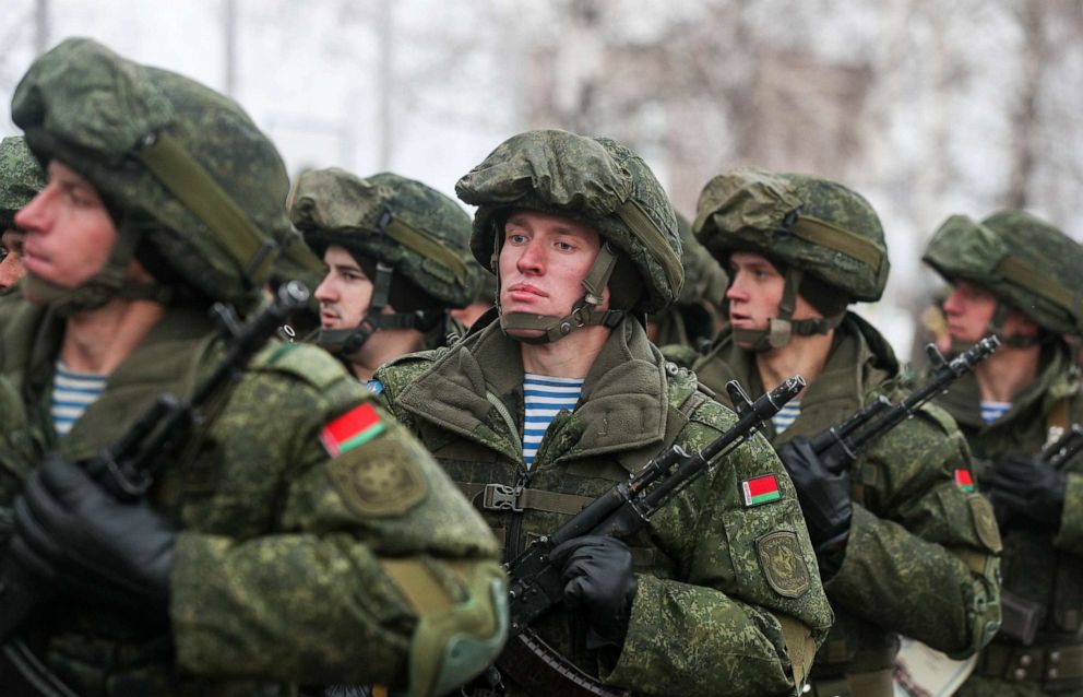 PHOTO: Servicemen stand in formation during the closing ceremony of the Unbreakable Brotherhood 2021 military drills held by the CSTO Peacekeeping Forces at a training ground of the Kazan Higher Tank Command School, in Kazan, Russia, Nov. 12, 2021.