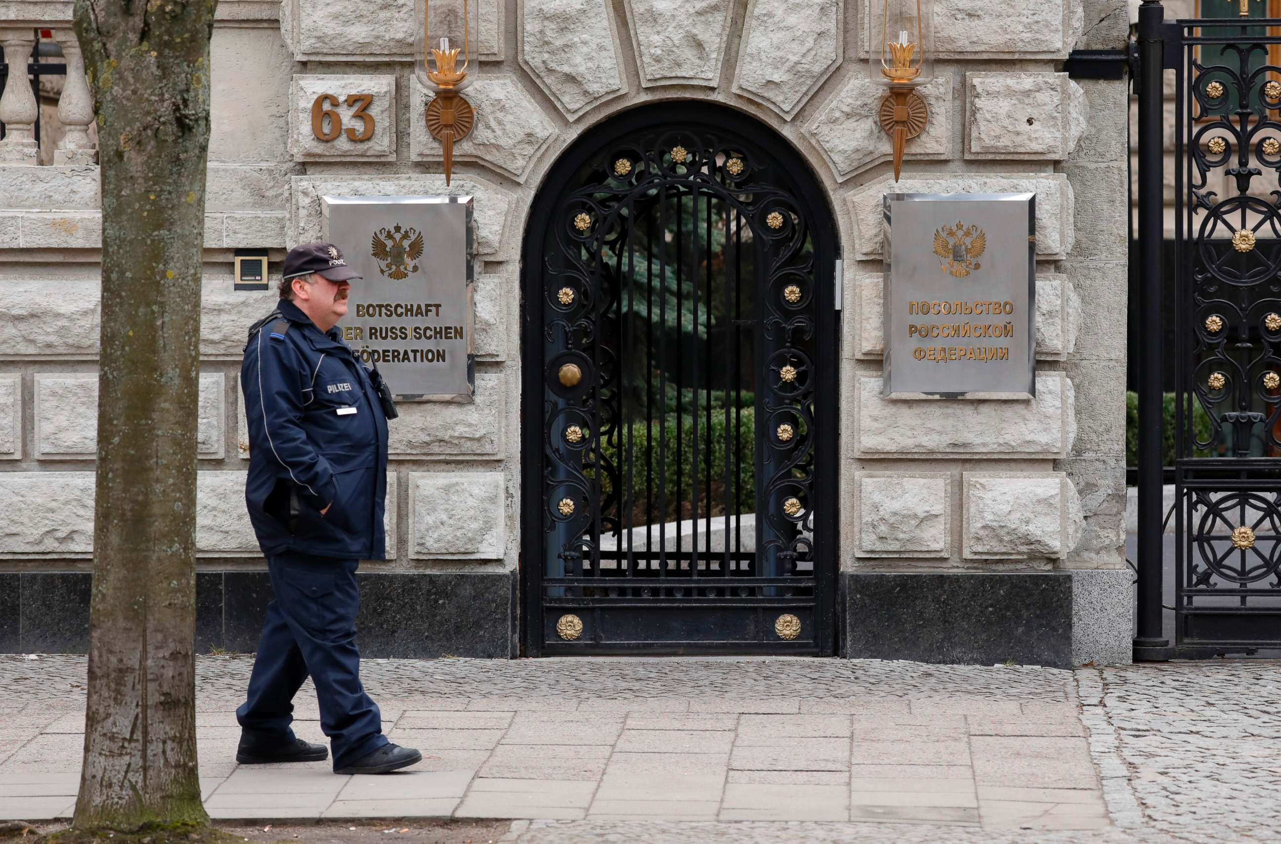 PHOTO: A policeman walks in front of the Russian embassy in Berlin, March 26, 2018.