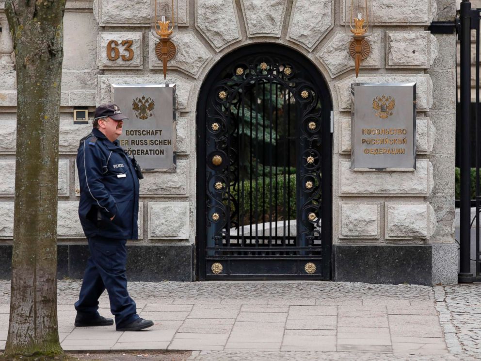 PHOTO: A policeman walks in front of the Russian embassy in Berlin, March 26, 2018.