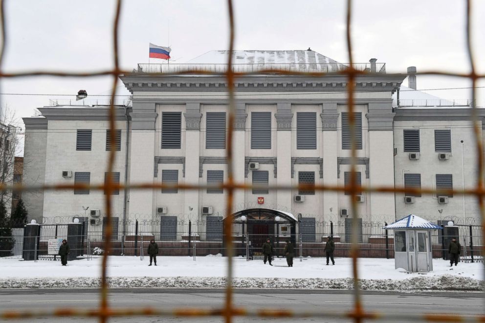 PHOTO: Policemen stand guard in front of the Russian embassy in Kiev, Ukraine, March 18, 2018. 