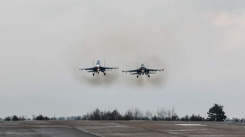 PHOTO: This handout video grab taken and released by the Russian Ministry of Defense on Feb. 16, 2022, shows Su-30SM fighter jets  during joint exercises of the armed forces of Russia and Belarus at a firing range near Brest, southwest Belarus.