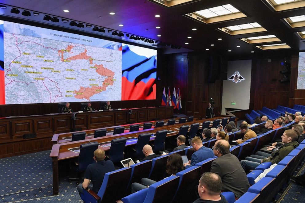 PHOTO: Left to right, Sergei Rudskoi, a senior representative of the General Staff, Defense Ministry spokesman Igor Konashenkov and Mikhail Mizintsev, head of the Russian National Defense Control Centre, hold a briefing in Moscow, March 25, 2022.