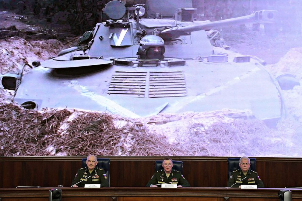 PHOTO: Left to right, Sergei Rudskoi, a senior representative of the General Staff, Defense Ministry spokesman Igor Konashenkov and Mikhail Mizintsev, head of the Russian National Defense Control Centre, hold a briefing in Moscow, March 25, 2022.