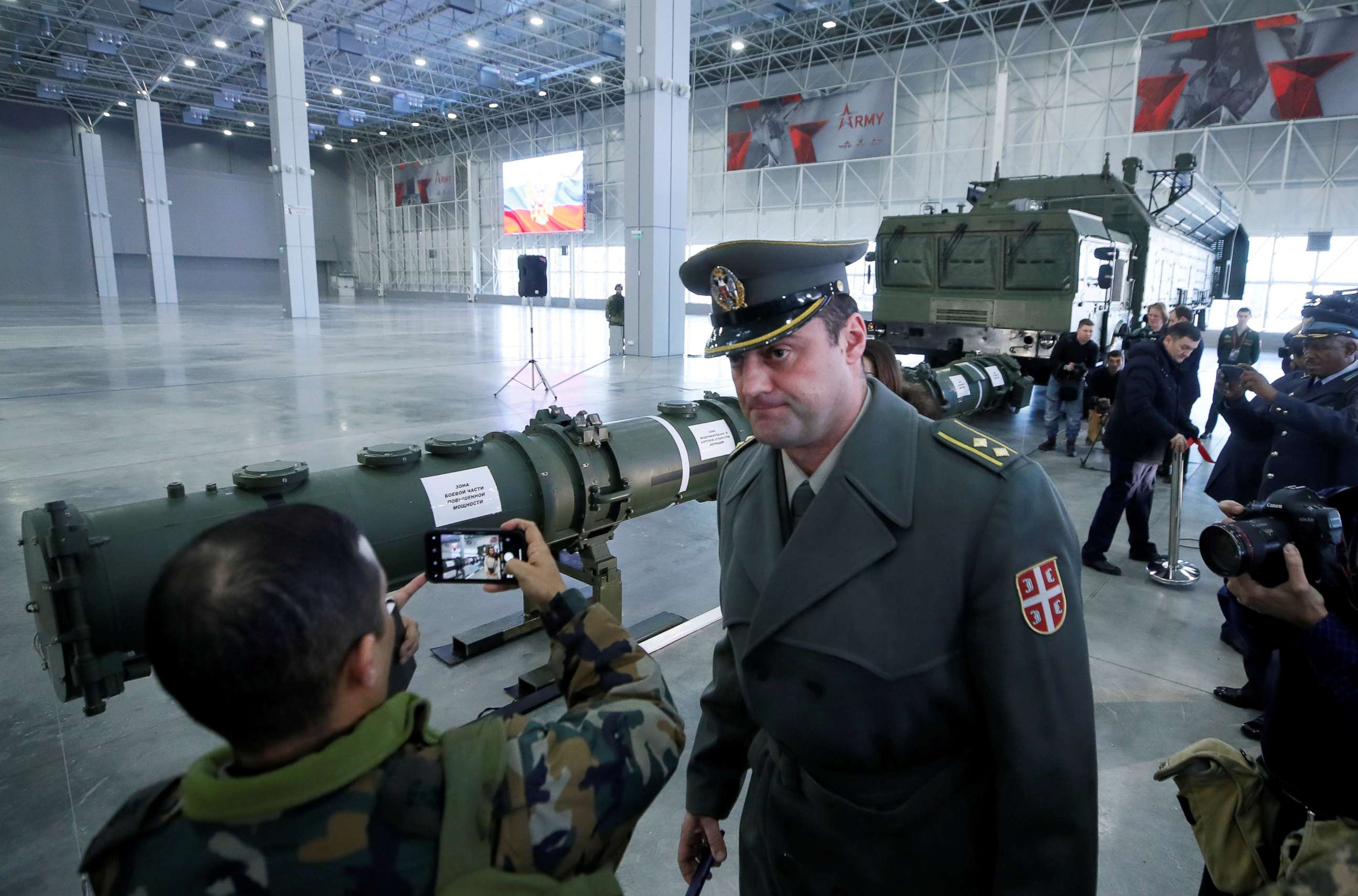 PHOTO: Journalists and military attaches attend a news briefing on cruise missile systems including SSC-8/9M729 model, at Patriot Expocentre near Moscow, Jan. 23, 2019.