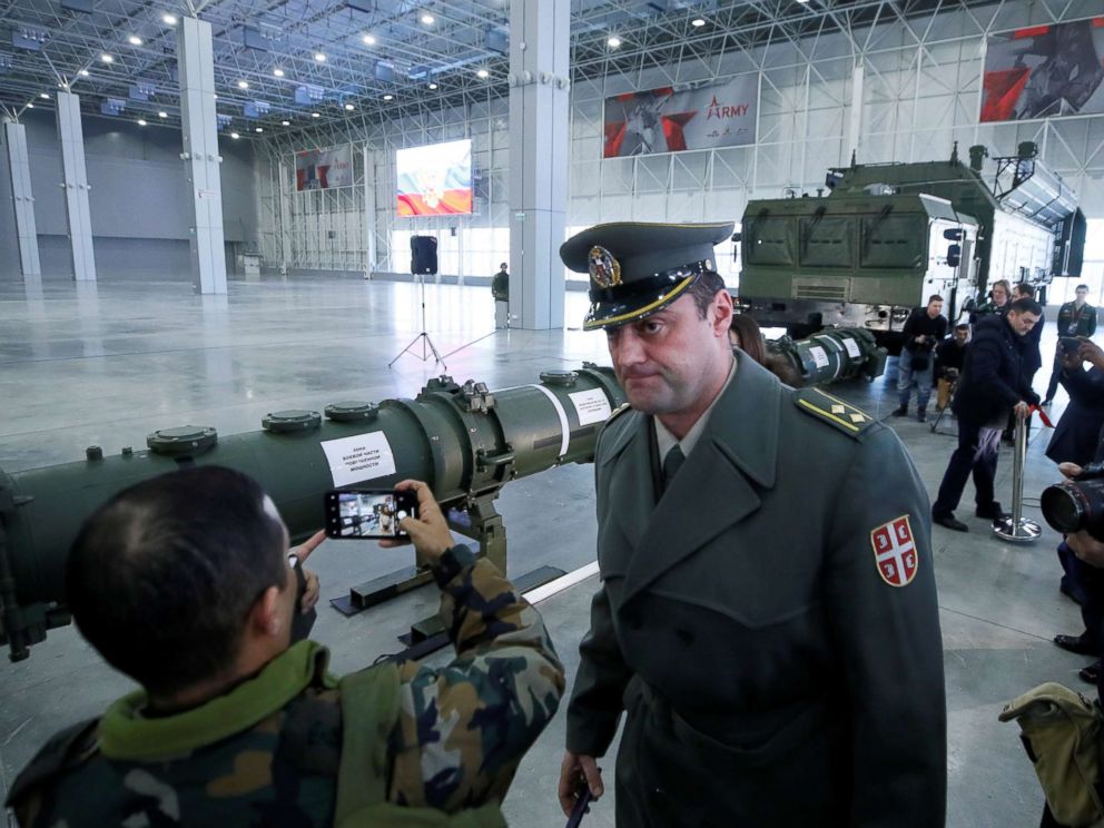 PHOTO: Journalists and military attaches attend a news briefing on cruise missile systems including SSC-8/9M729 model, at Patriot Expocentre near Moscow, Jan. 23, 2019.