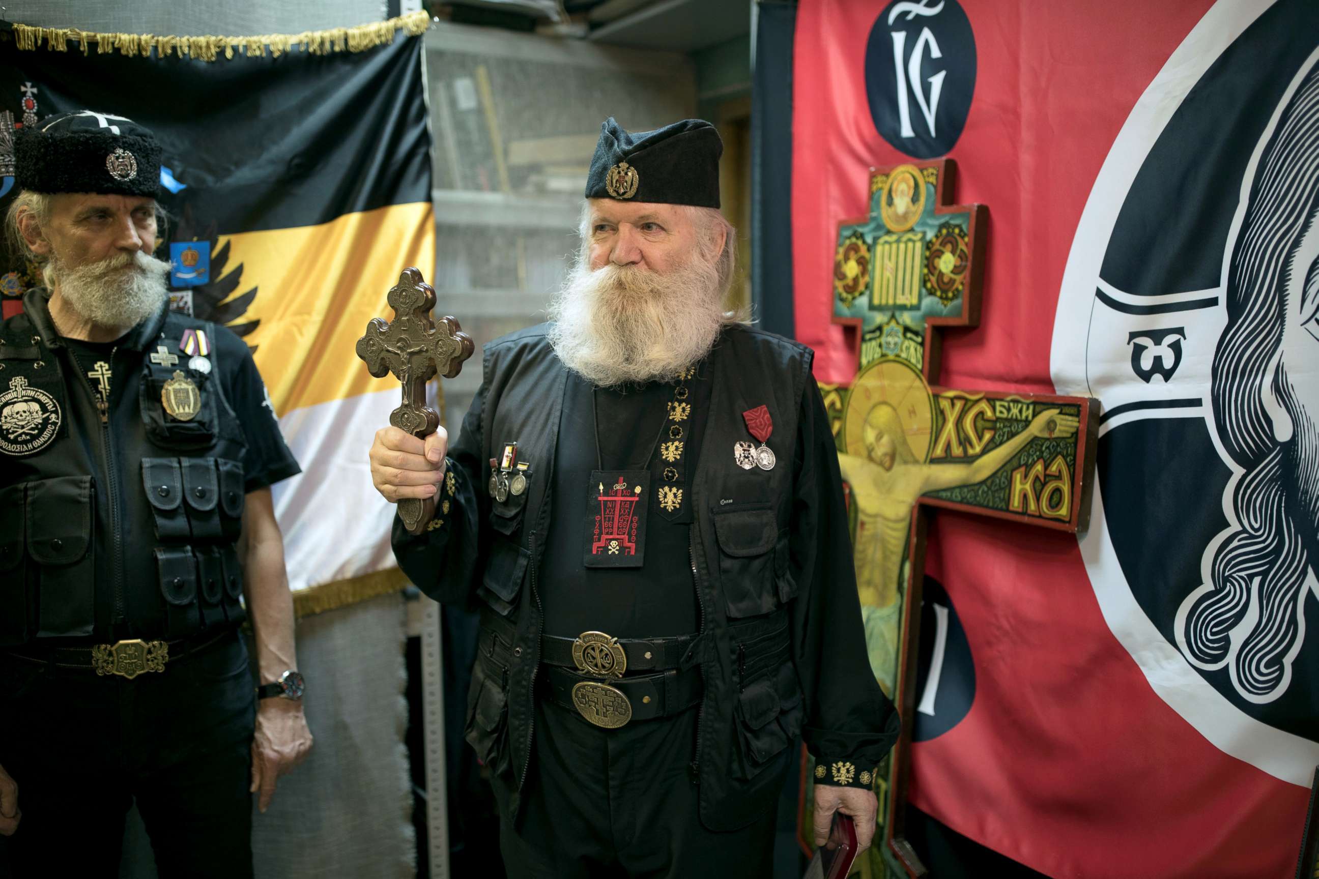 PHOTO: Leonid Simonovich-Nikshich, right, head of the Union of Orthodox Banner-Bearers, and Igor Miroshnichenko, his deputy, prepare for the award ceremony at their headquarters in Moscow, July 12, 2018.