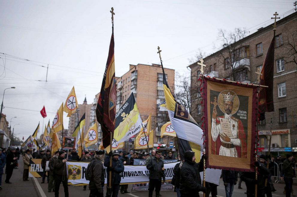PHOTO: Members of the Union of Orthodox Banner-Bearers attend a march of the Unity of Nation in Oktyabrskoye Polye, Moscow, Russia, Nov. 4, 2017.