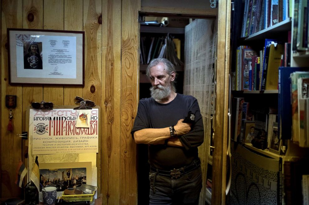 PHOTO: Igor Miroshnichenko, a member of the Union of Orthodox Banner-Bearers, stands inside his studio in Moscow, July 12, 2018.