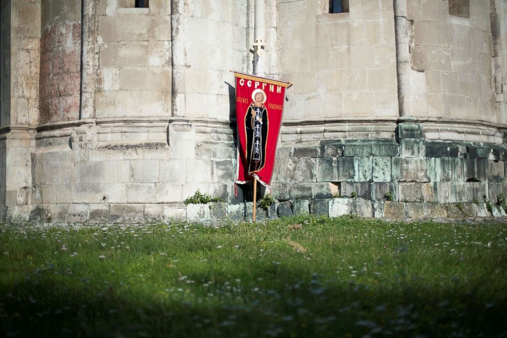 PHOTO: A flag belonging to the members of the Union of Orthodox Banner-Bearers is seen at Spaso-Andronikov Monastery during the preparation for a procession to commemorate 100 years since the killing of Tsar Nicholas II, in Moscow, July 17, 2018.