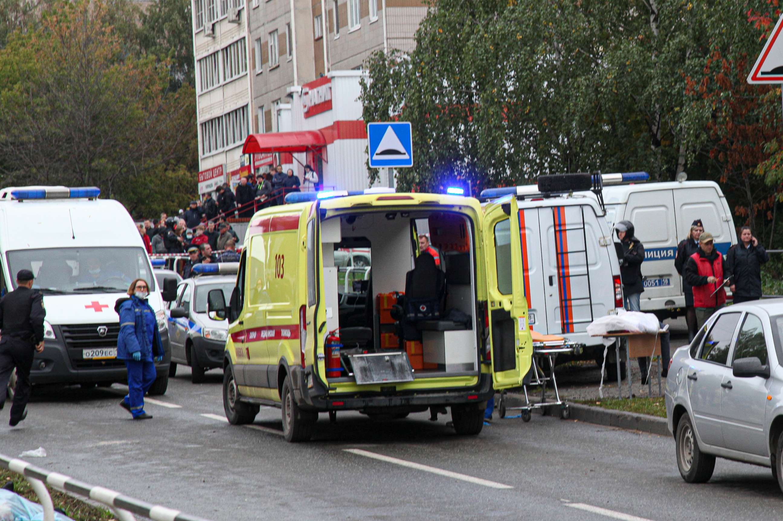 PHOTO: Police and paramedics work at the scene of a shooting at school No. 88 in Izhevsk, Russia, on Sept. 26, 2022.