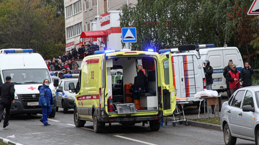 PHOTO: Police and paramedics work at the scene of a shooting at school No. 88 in Izhevsk, Russia, on Sept. 26, 2022.