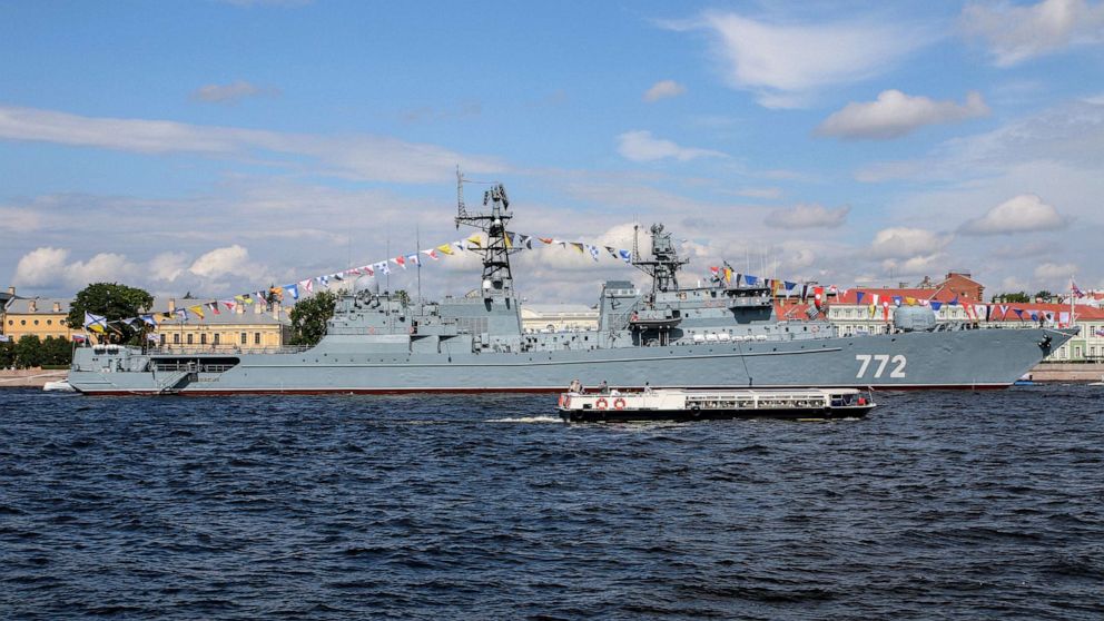 PHOTO: A military warship of the Armed Forces of the Russian Federation arrives in Saint Petersburg and moored on the Neva River to participate in the Main Naval Parade of the Russian Navy, July 29, 2023.